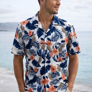 On Shore Hawaiian Shirt XL Tropical Bird Floral Button Up